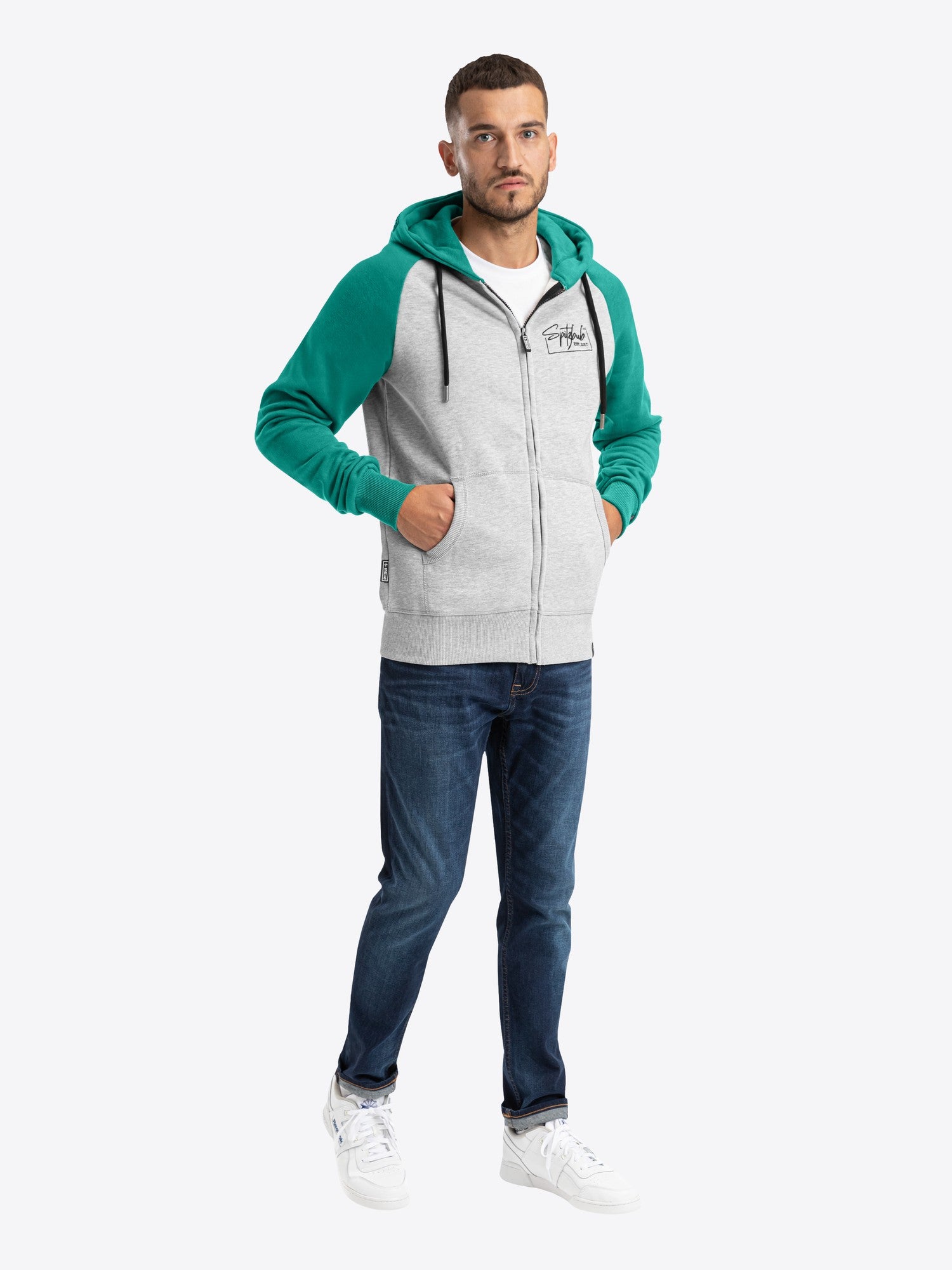 Sweatjacke Oliver in Grau-Grün, Detailaufnahme Verarbeitung, Kordel oder Naht