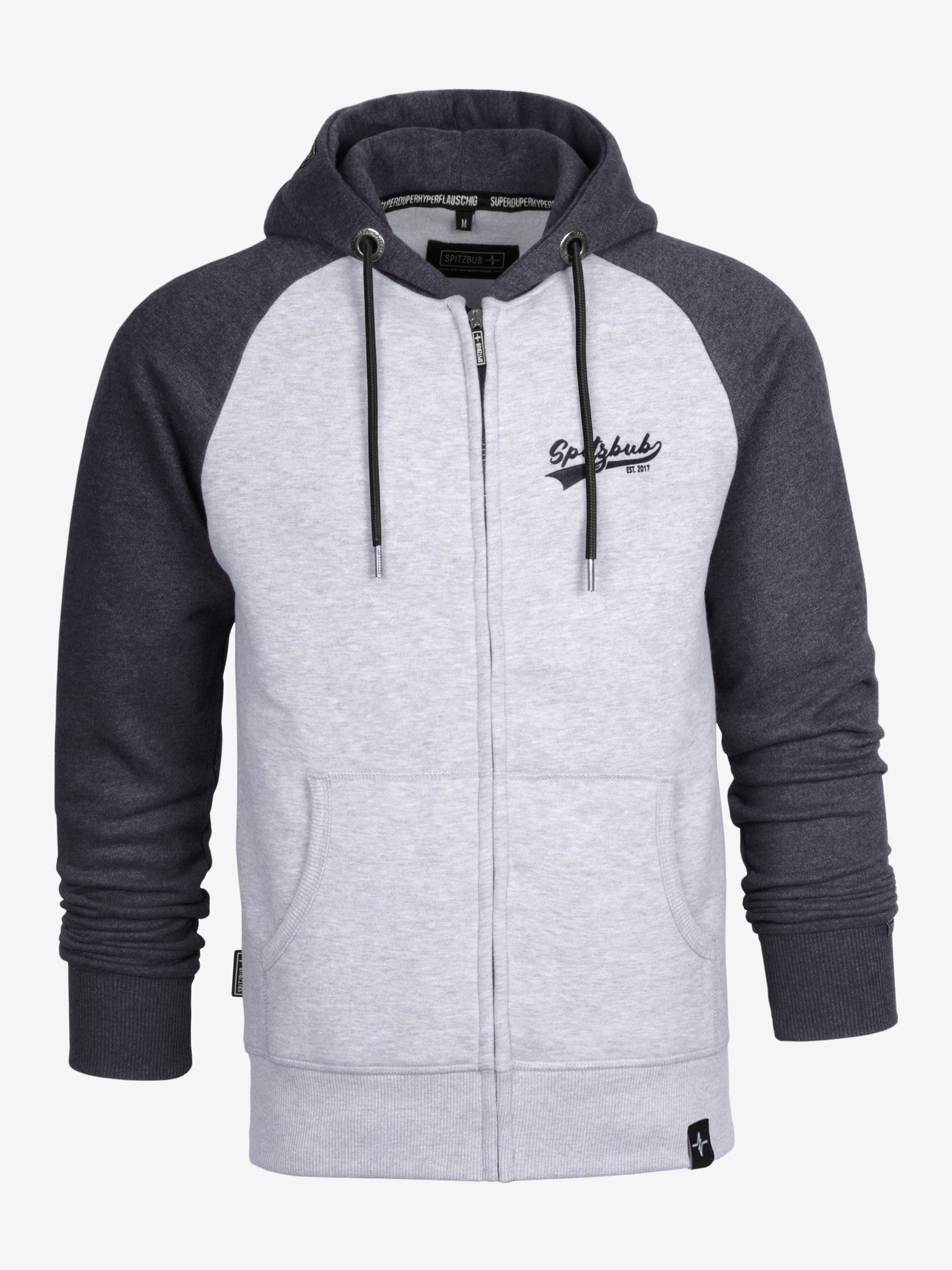 Sweatjacke Peter in grauschwarzer Farbe, Detailaufnahme Logo-Print