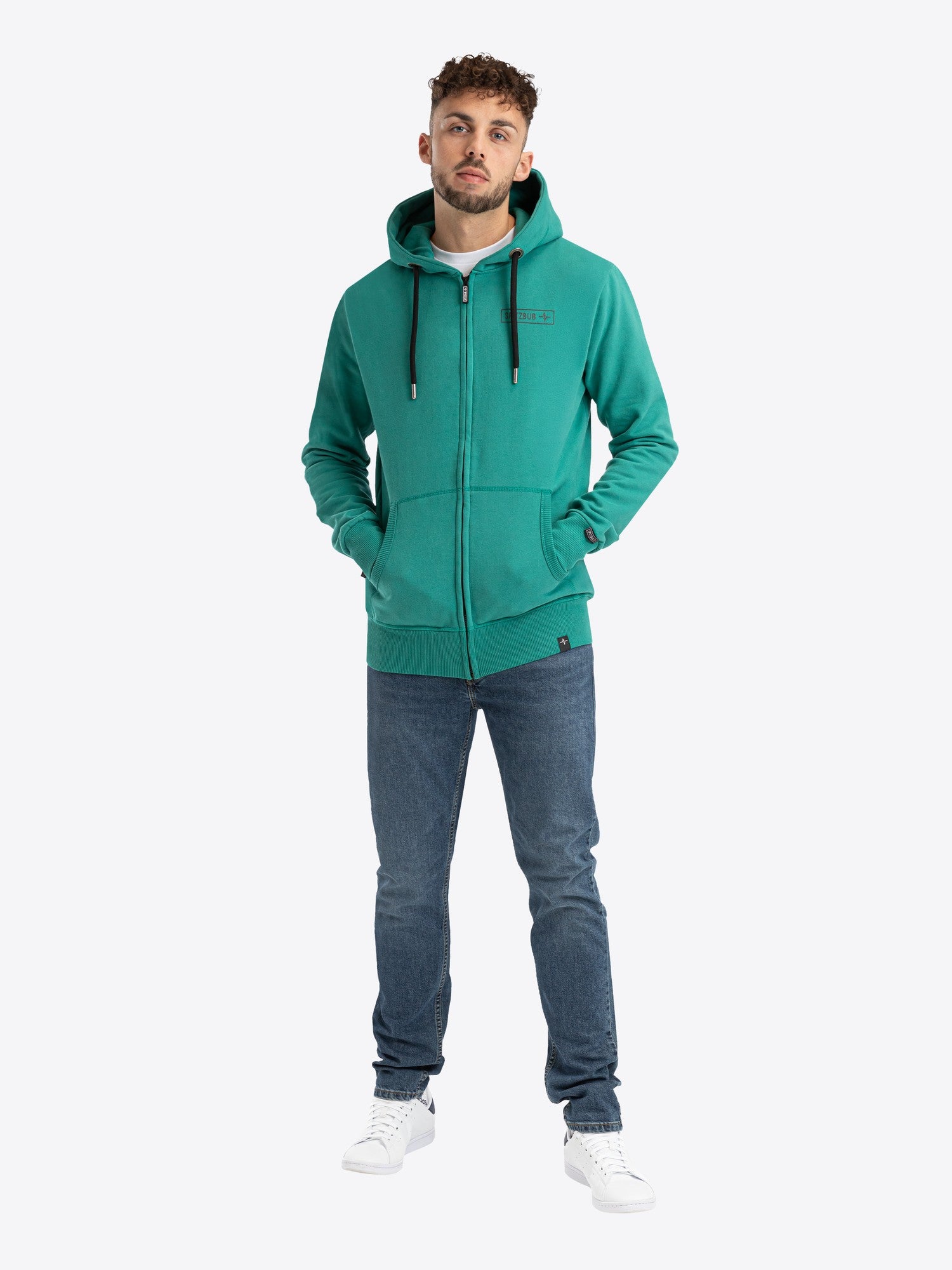 Sweatjacke Nils in Grün, Detailaufnahme Verarbeitung, Kordel oder Naht