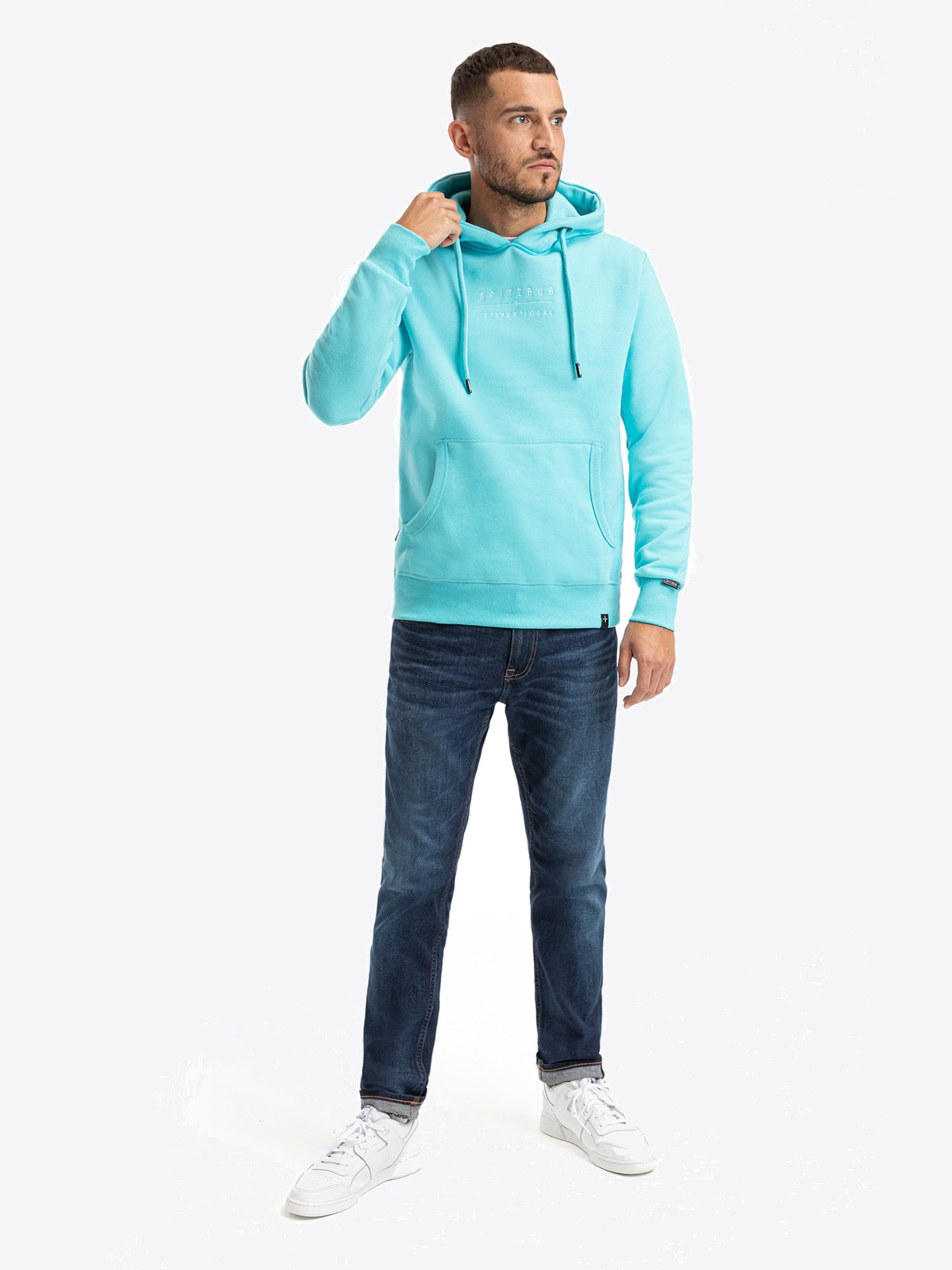 Hoodie Fabian in Hellblau, Detailaufnahme Verarbeitung, Kordel oder Naht