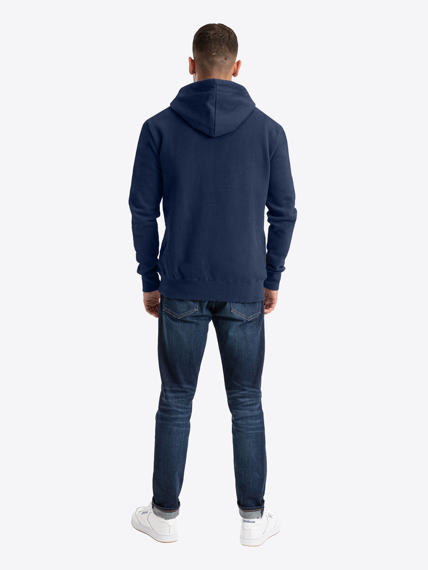 Hoodie Dietrich in Blau, Detailaufnahme Verarbeitung, Kordel oder Naht