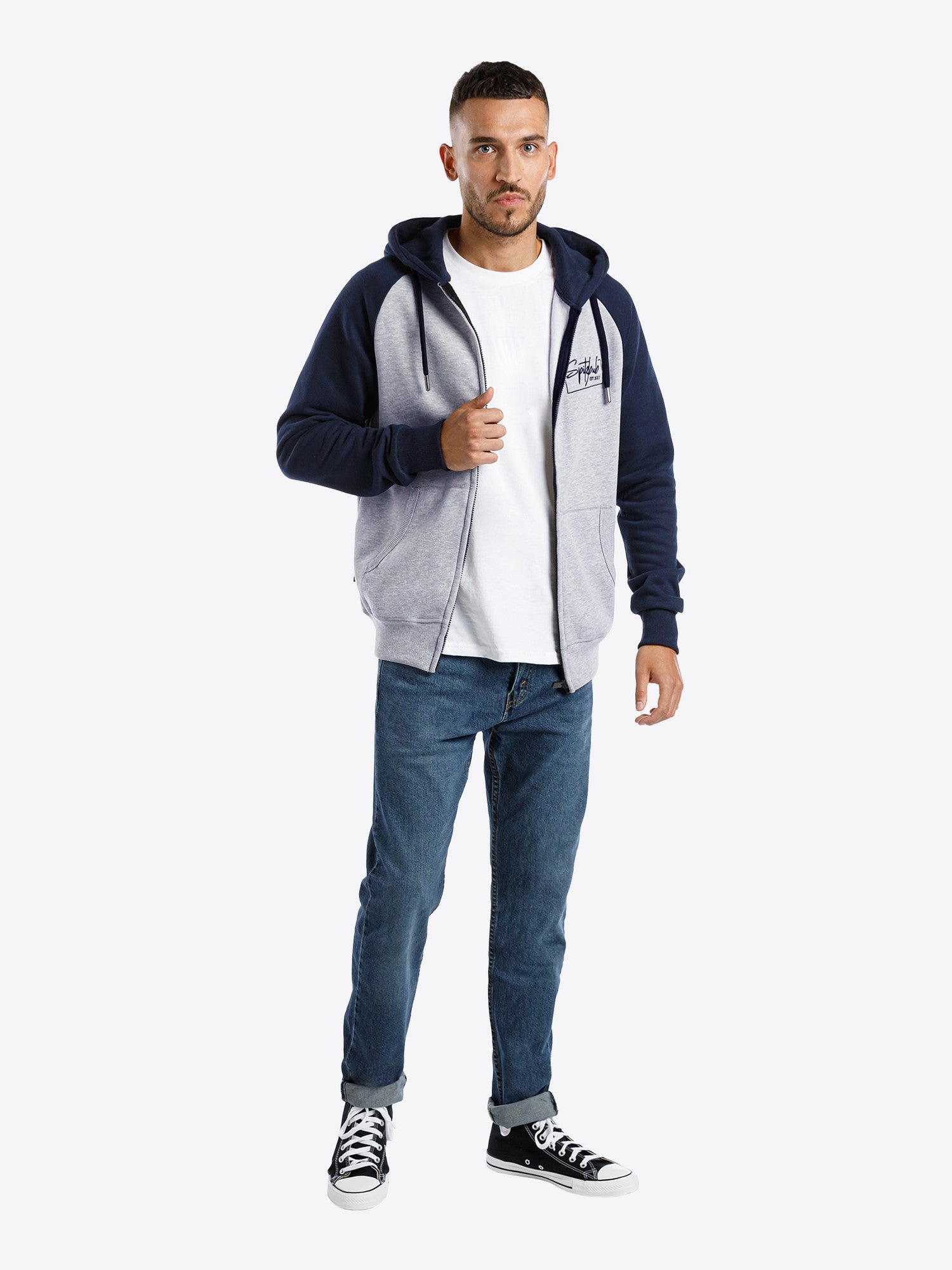 Sweatjacke Carlo in Grau-Blau, Detailaufnahme Verarbeitung, Kordel oder Naht