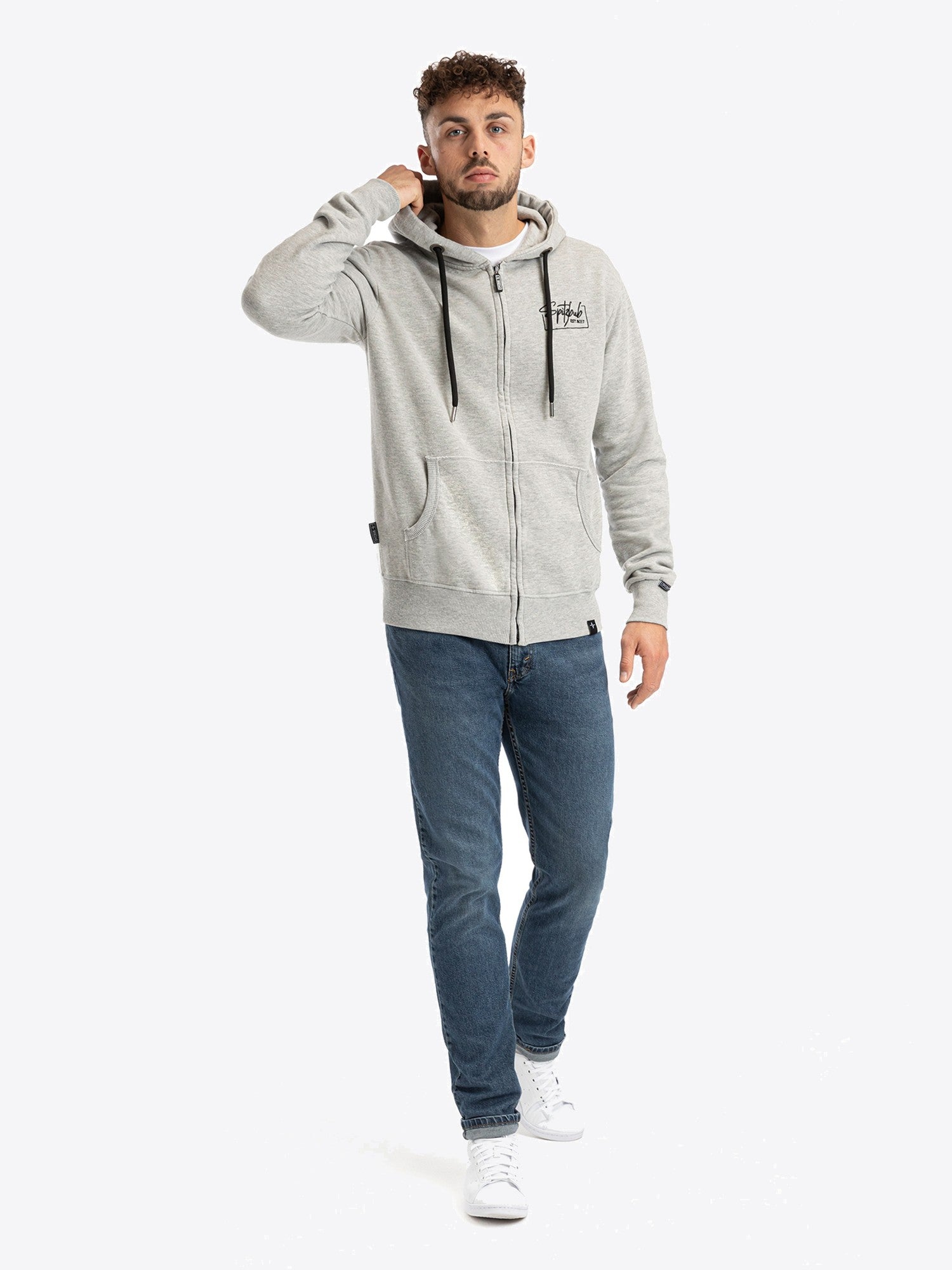 Sweatjacke Valentin in Grau, Detailaufnahme Verarbeitung, Kordel oder Naht