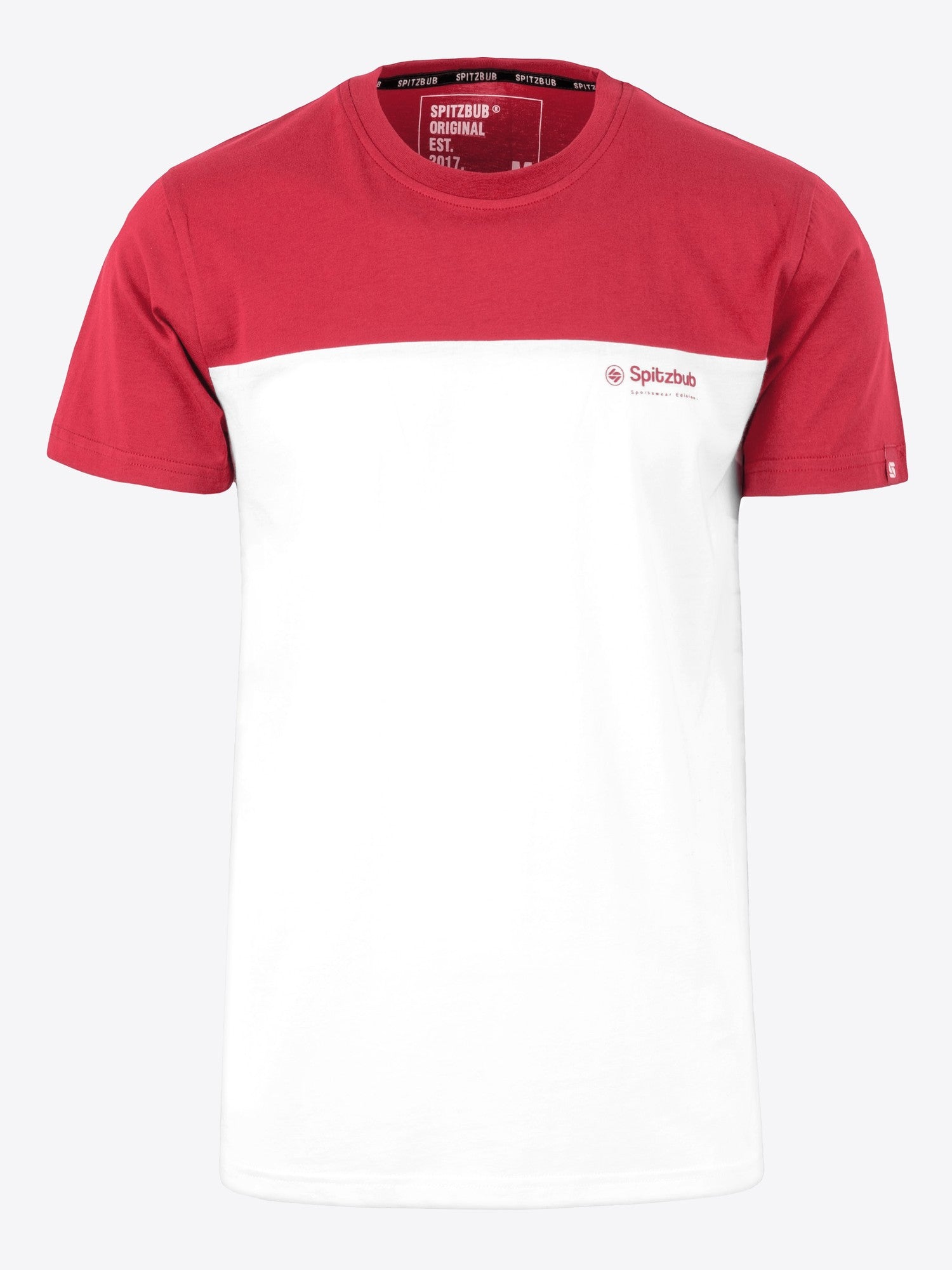 Detailaufnahme, Logo-Print/Schriftzug des Shirt Sascha von spitzbub STUDIOS in Weiß-Rot