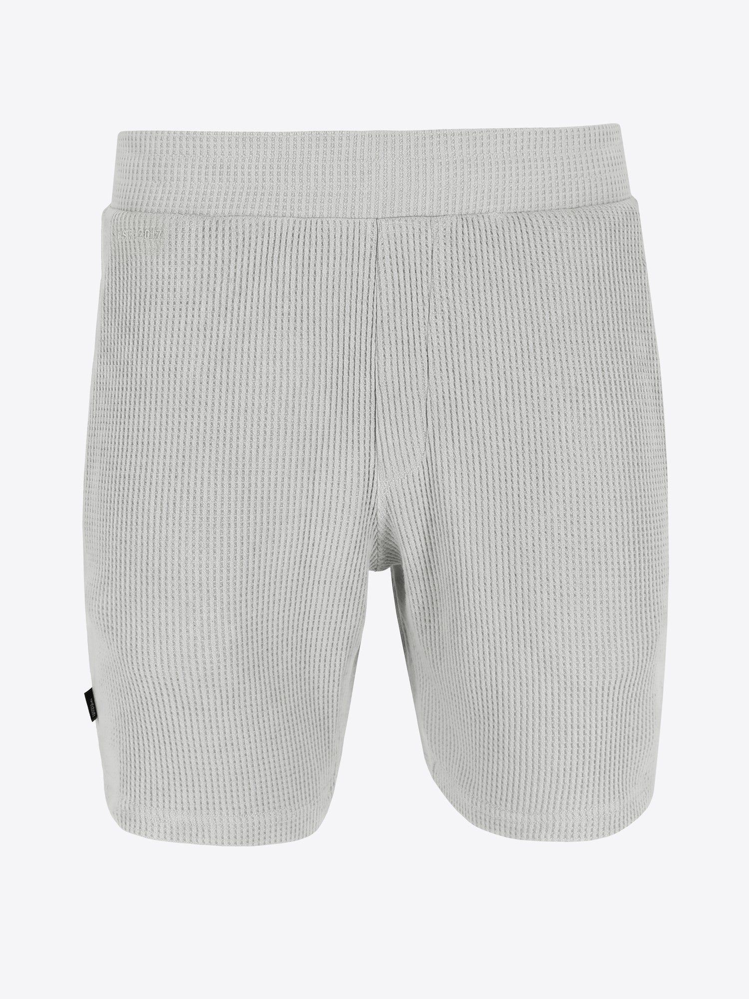 Detailaufnahme, Logo-Print/Schriftzug der Waffleshort Grey von spitzbub STUDIOS in Glacier Grey