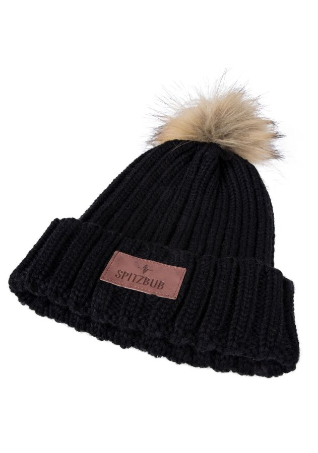 Schwarze Mütze mit Kunstfell Bommel "Erika" Schwarze Mütze mit Kunstfell Bommel "Erika"