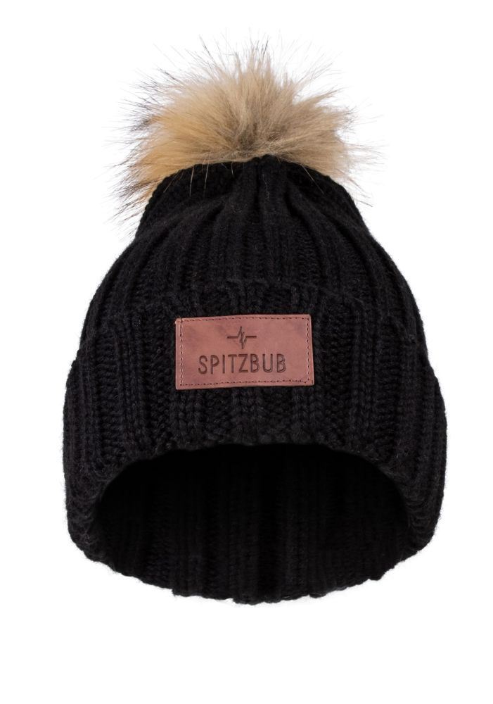 Schwarze Mütze mit Kunstfell Bommel "Erika" Schwarze Mütze mit Kunstfell Bommel "Erika"