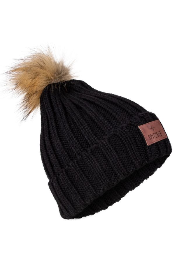 Schwarze Mütze mit Kunstfell Bommel "Erika" Schwarze Mütze mit Kunstfell Bommel "Erika"